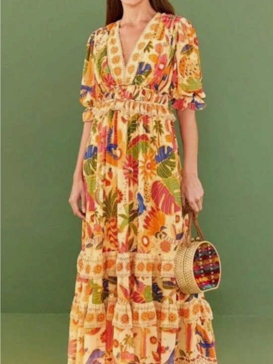 FARM Rio Dresses & Skirts - FARM RIO Tropical Print V-Neck Maxi Dress in Yellow
